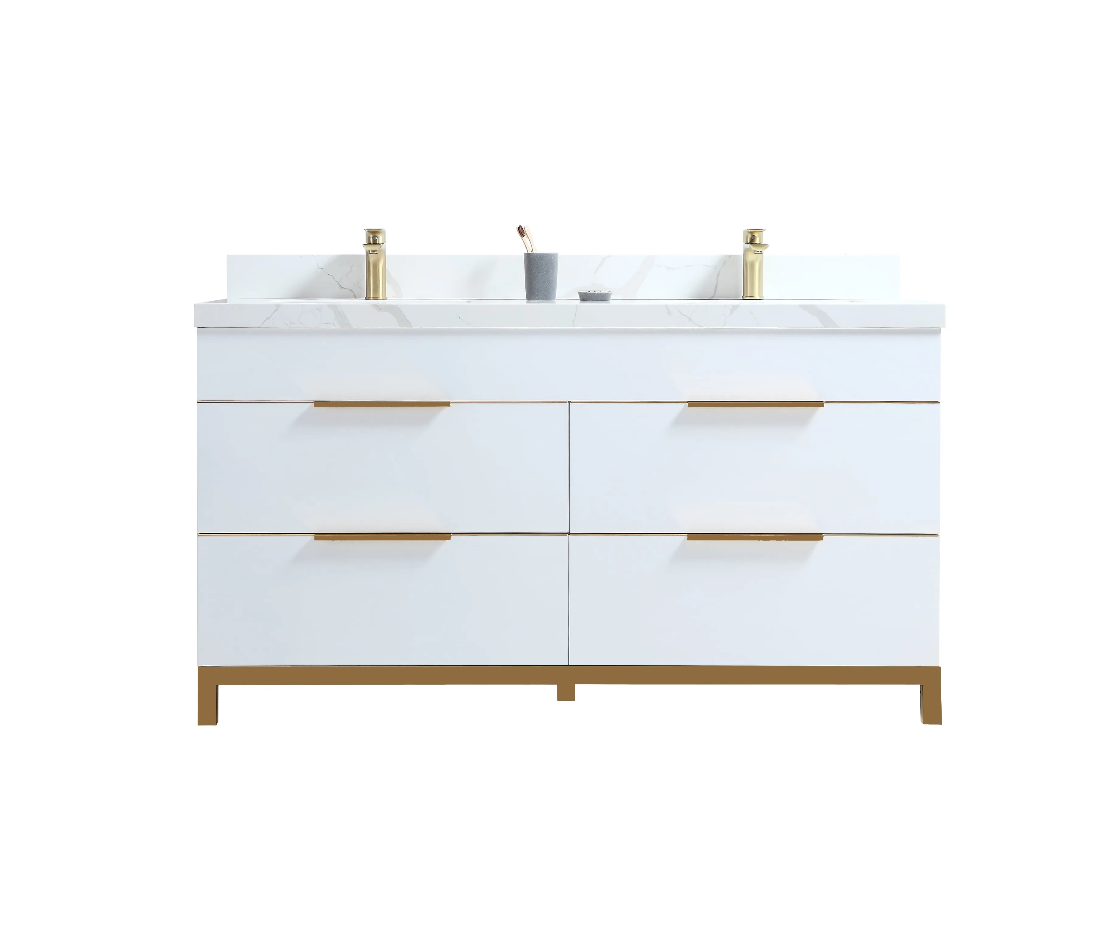 CCS401 - 60" White, Double Sink,Floor Standing Modern Bathroom Vanity, Calcatta Quartz Countertop, Brushed Bronze Hardware "" FLOOR MODEL ""