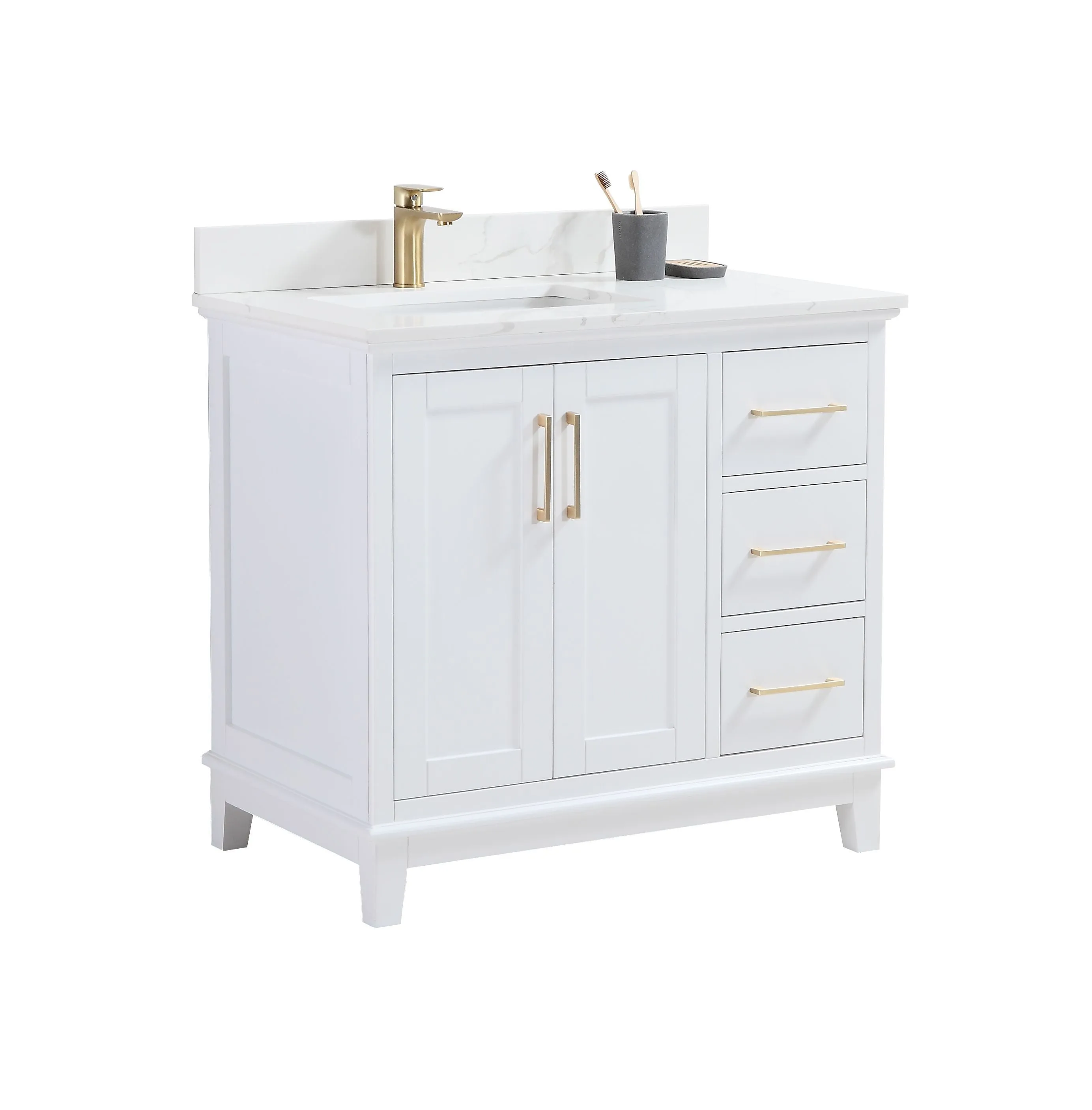 CCS501 - 36" White, Floor Standing Modern Bathroom Vanity, Calcatta Quartz Countertop
