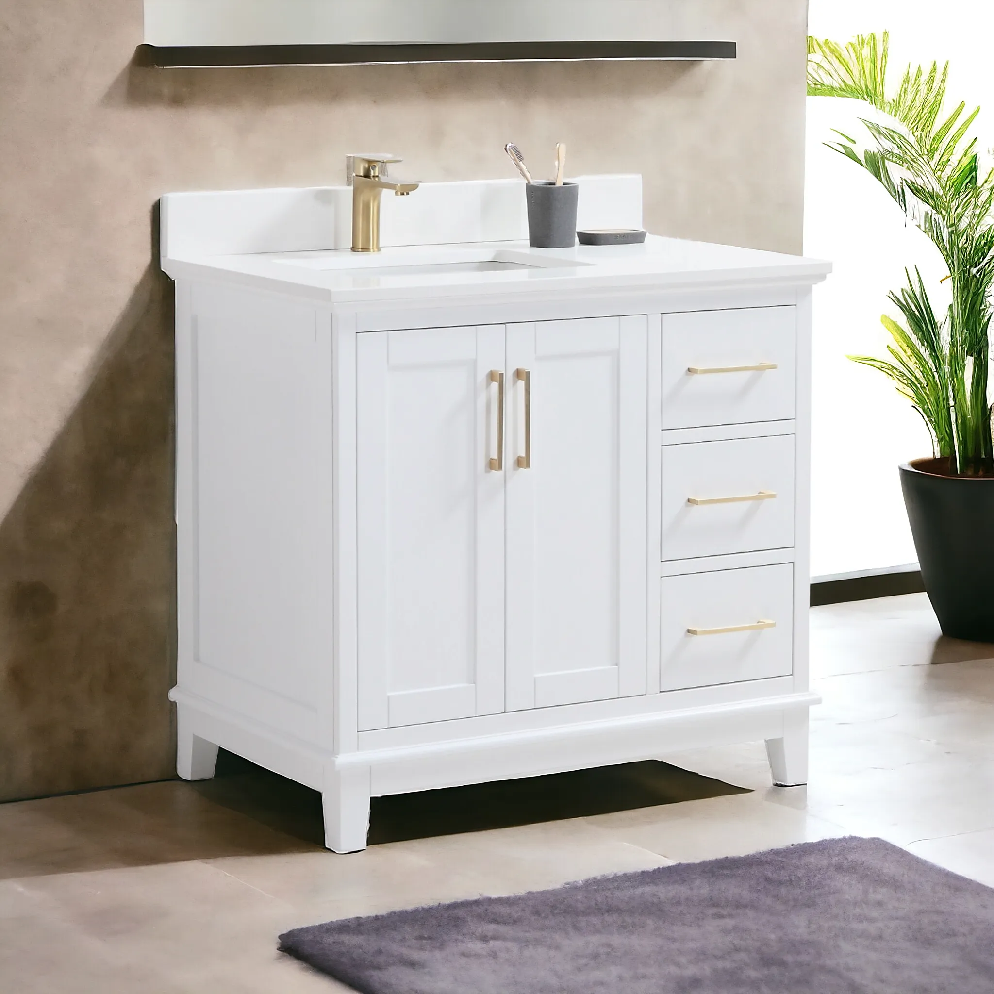 CCS501 - 42" White, Floor Standing Modern Bathroom Vanity, White Quartz Countertop