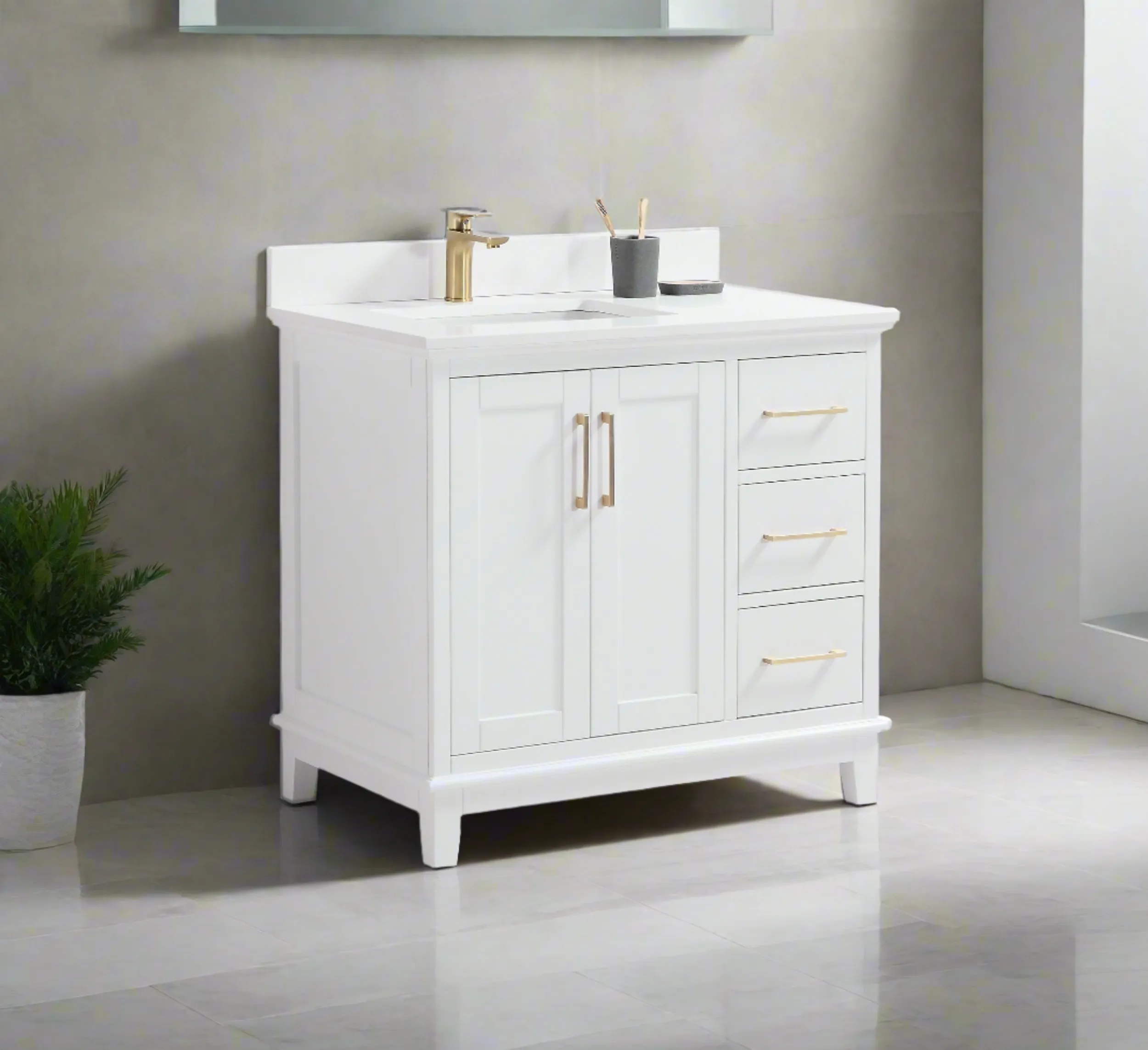 CCS501 - 42" White, Floor Standing Modern Bathroom Vanity, White Quartz Countertop