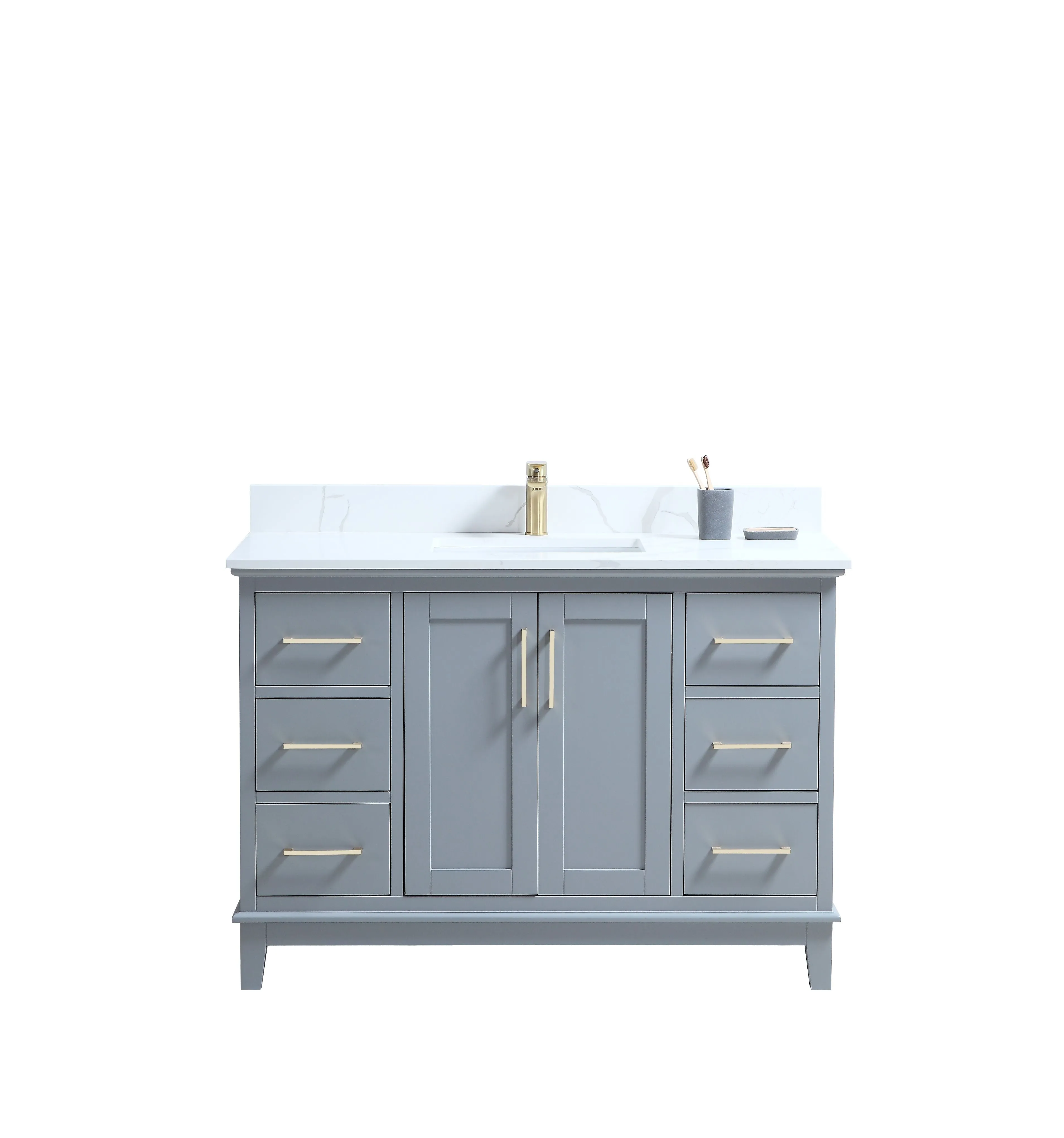 CCS501 - 48" GREY, Floor Standing Modern Bathroom Vanity, Calcatta Quartz Countertop, Brushed Gold Hardware