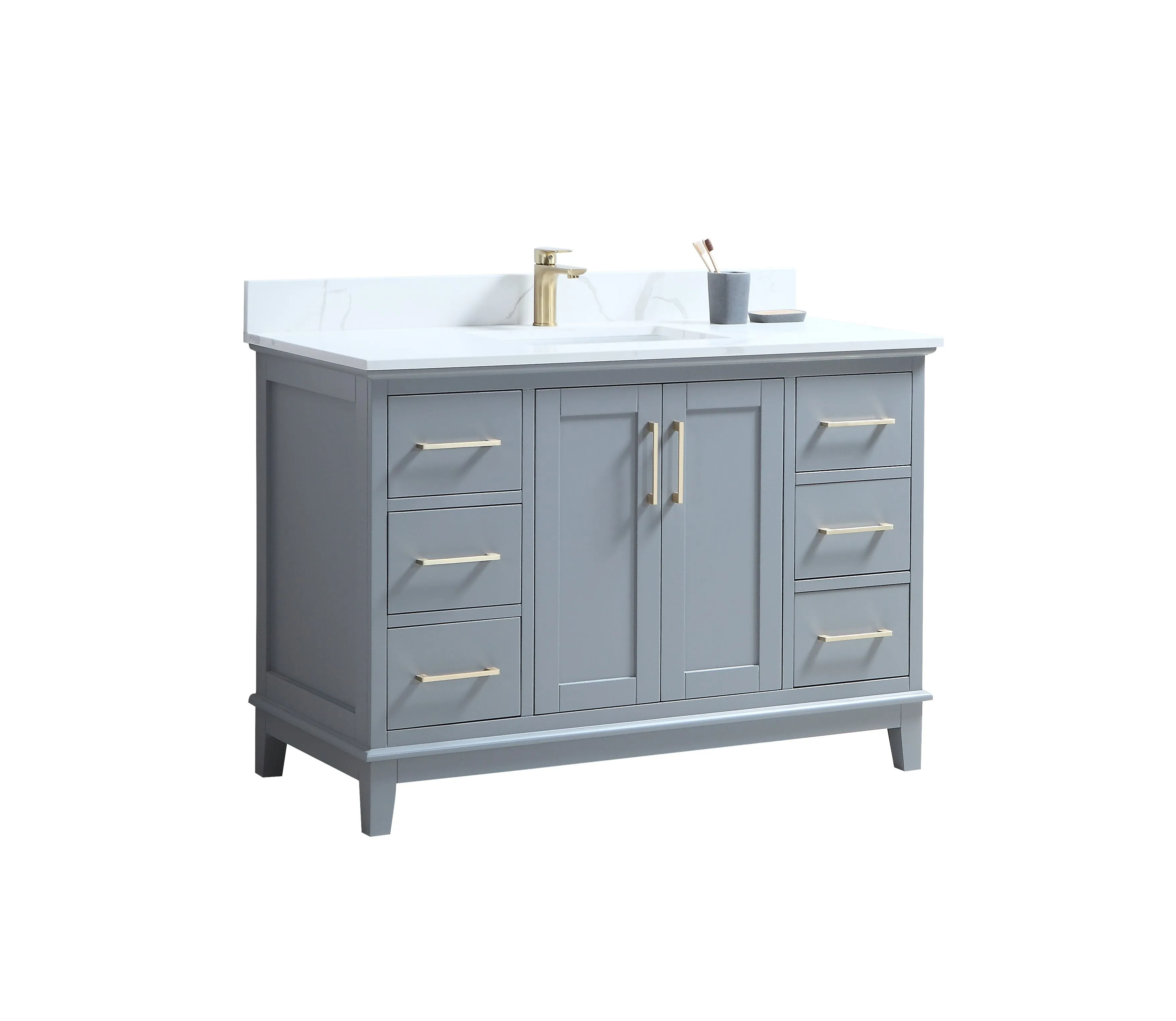CCS501 - 48" GREY, Floor Standing Modern Bathroom Vanity, Calcatta Quartz Countertop, Brushed Gold Hardware