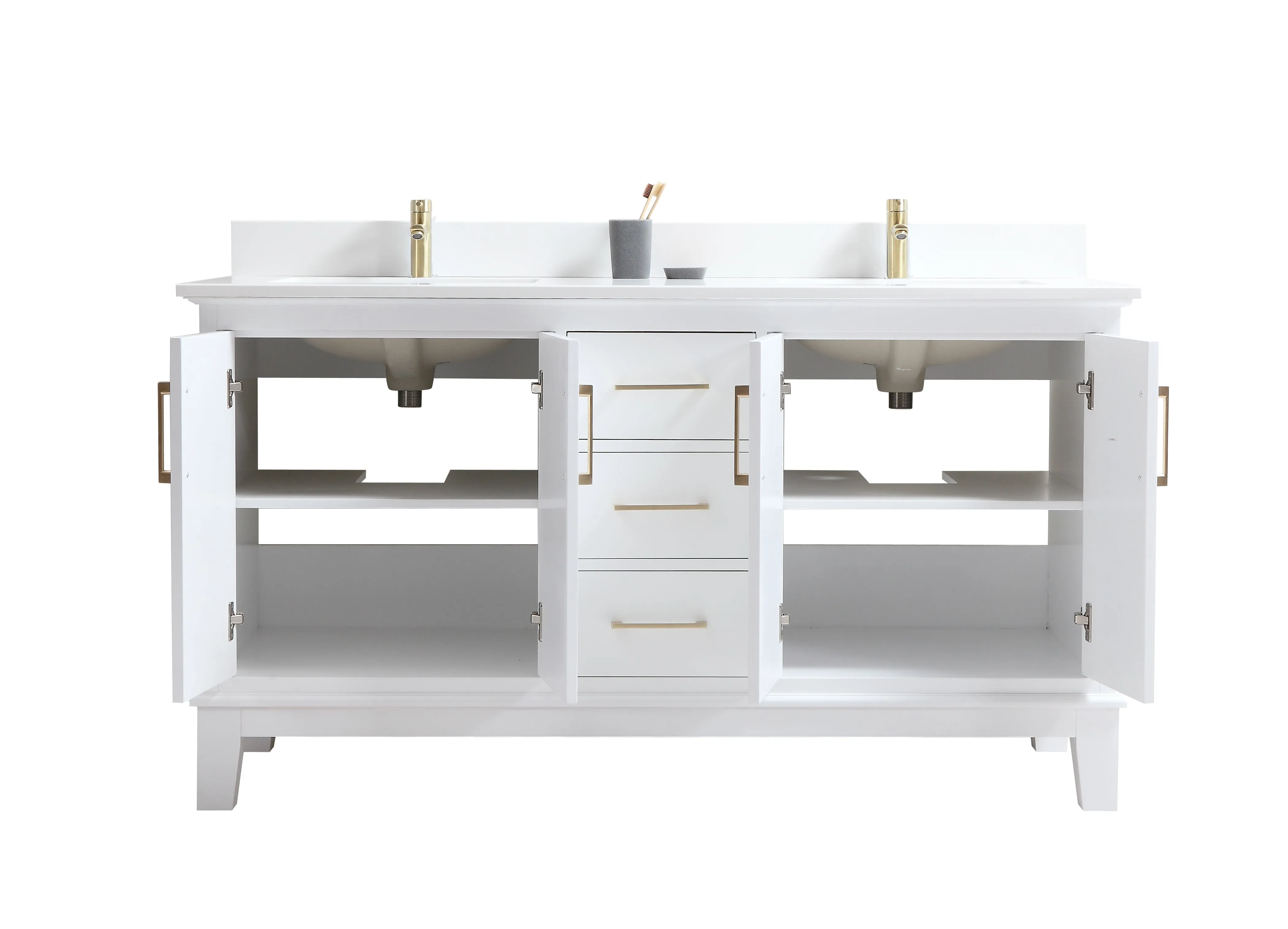CCS501 - 60" White, Double Sink, Floor Standing Modern Bathroom Vanity, WHITE QUARTZ Countertop