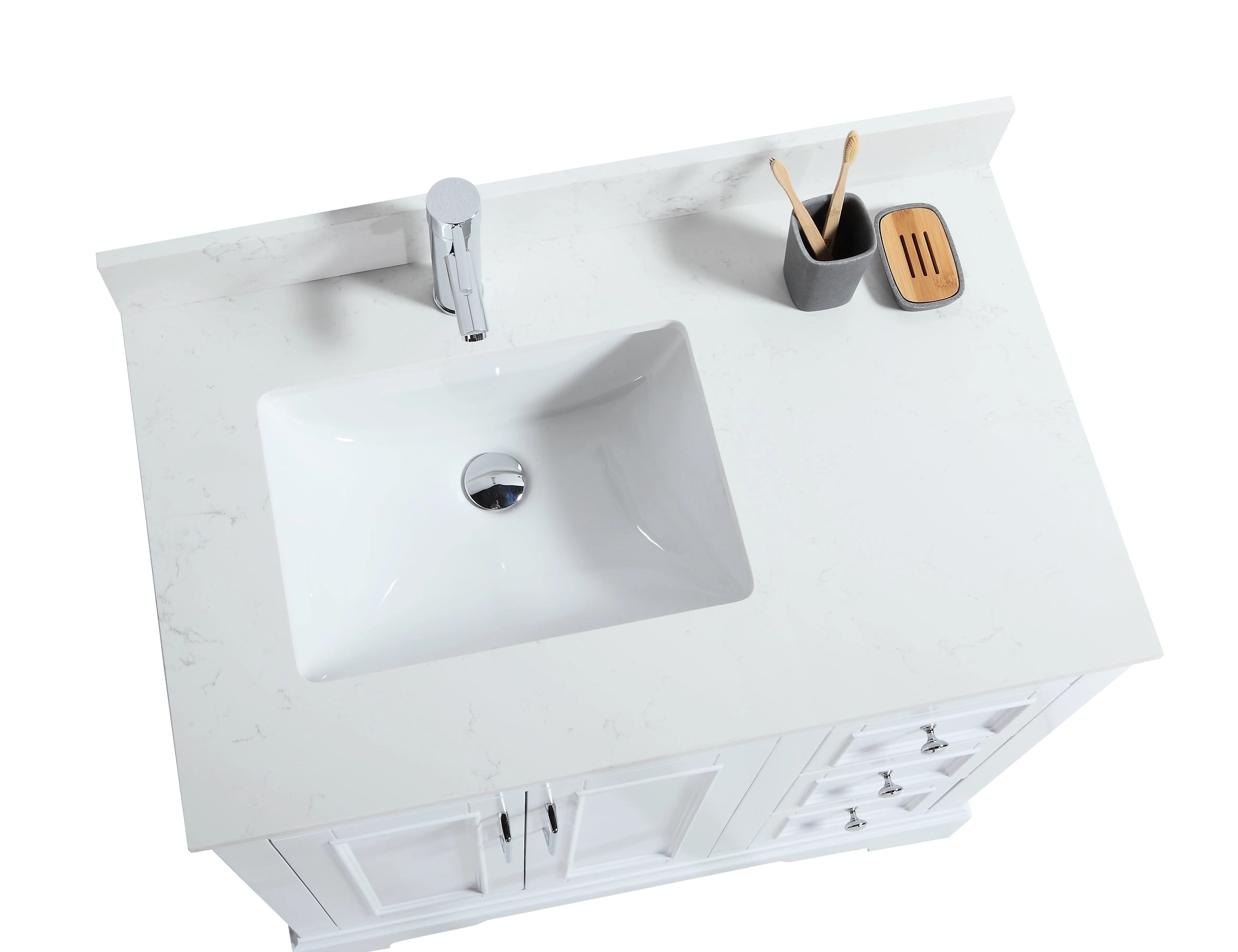 CCS701 - 36" White, Floor Standing Modern Bathroom Vanity, CARRARA Quartz Countertop, Chrome Hardware