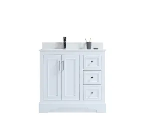 CCS701 - 36" White, Floor Standing Modern Bathroom Vanity, CARRARA Quartz Countertop, Chrome Hardware