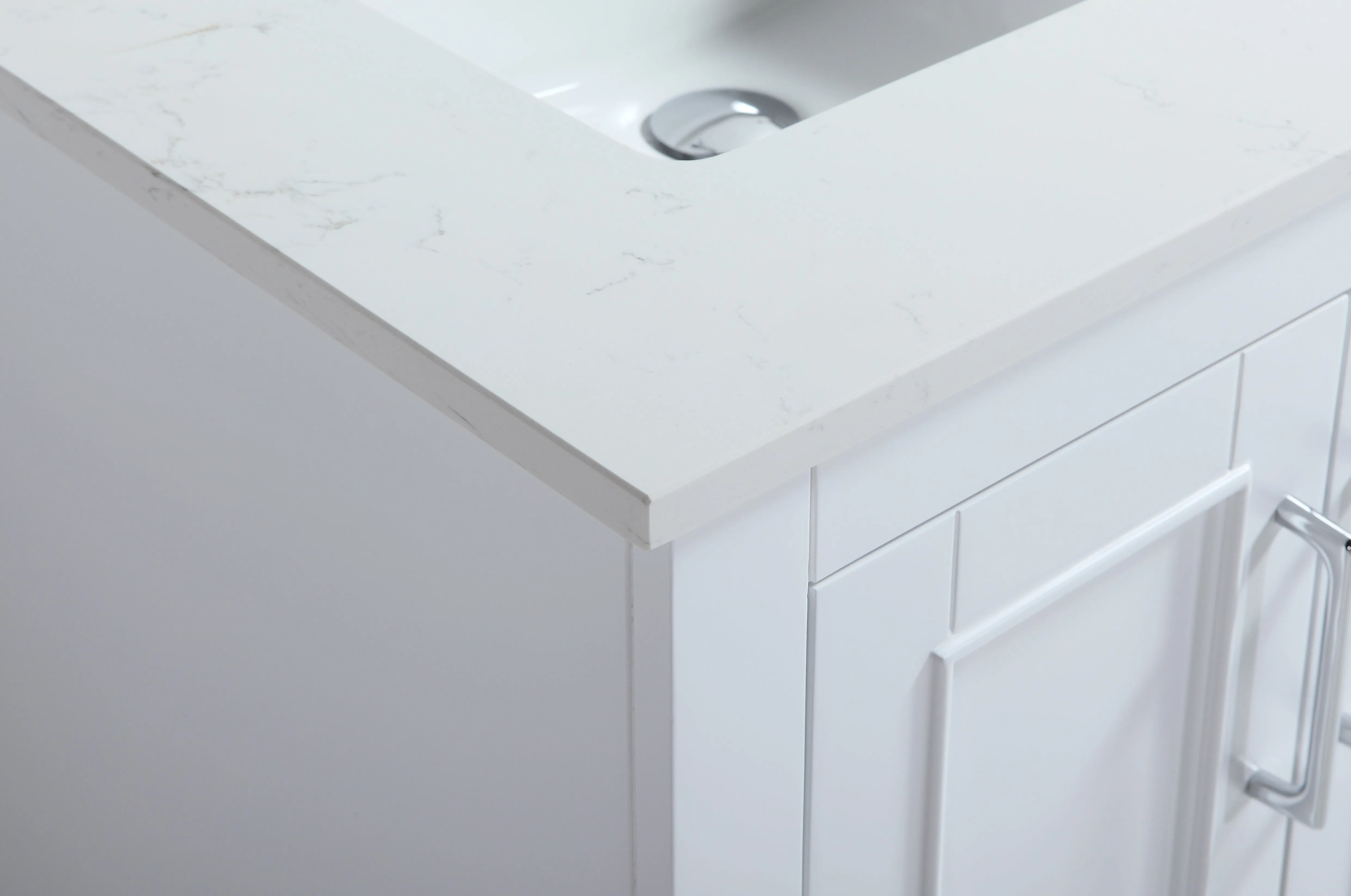 CCS701 - 36" White, Floor Standing Modern Bathroom Vanity, CARRARA Quartz Countertop, Chrome Hardware