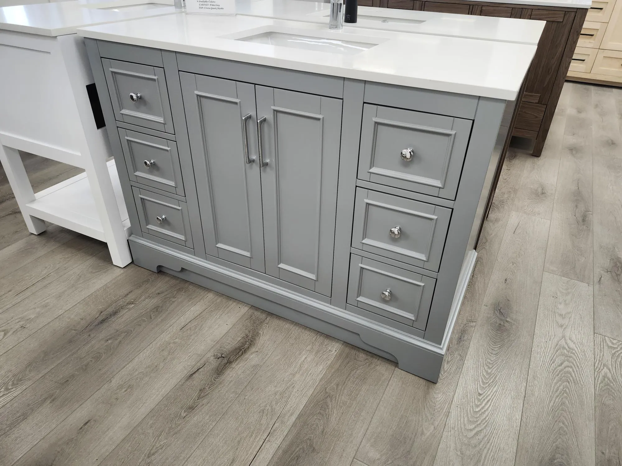 CCS701 - 48" Grey, Floor Standing Modern Bathroom Vanity, White Quartz Countertop, Chrome Hardware** FLOOR MODEL **