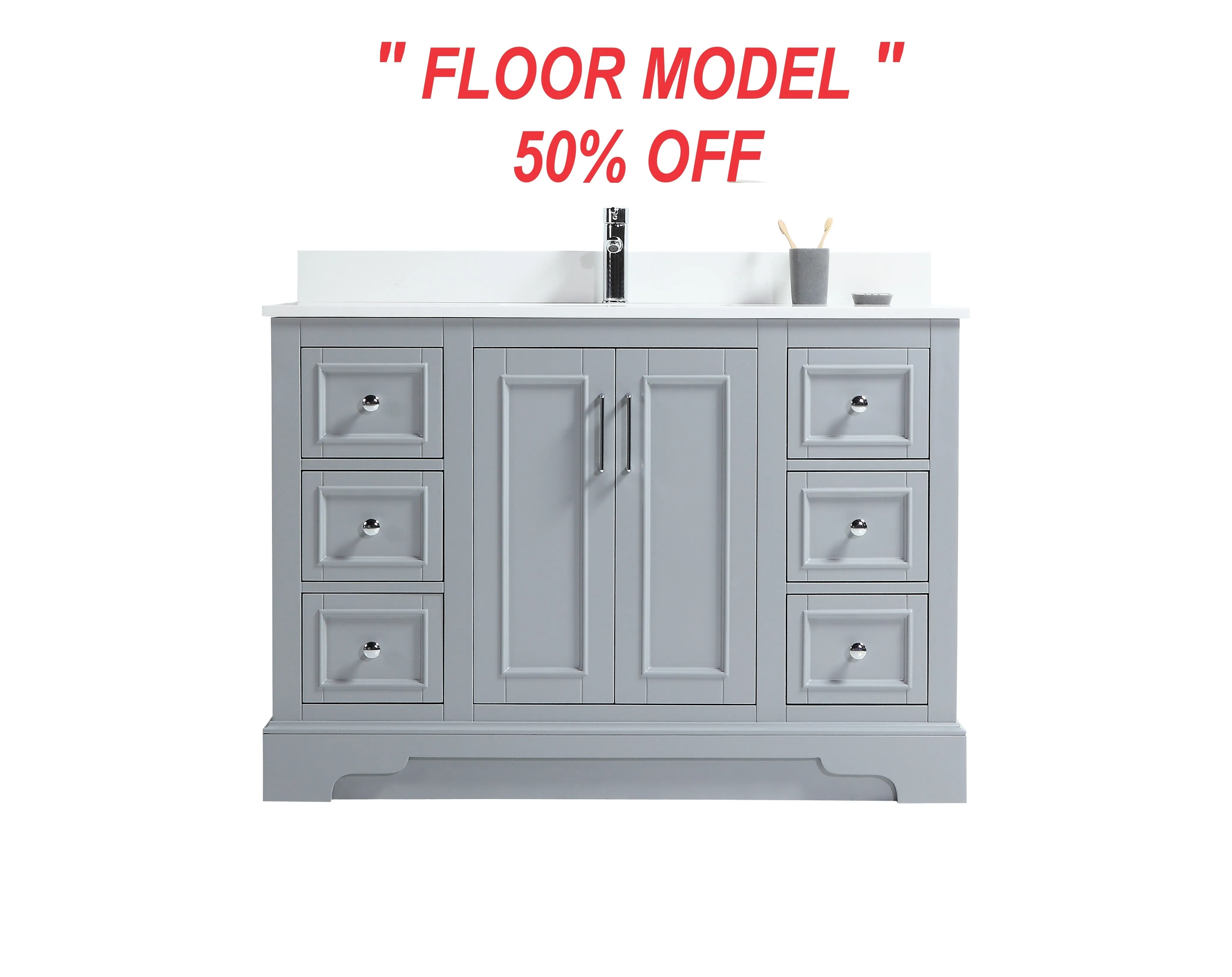 CCS701 - 48" Grey, Floor Standing Modern Bathroom Vanity, White Quartz Countertop, Chrome Hardware** FLOOR MODEL **