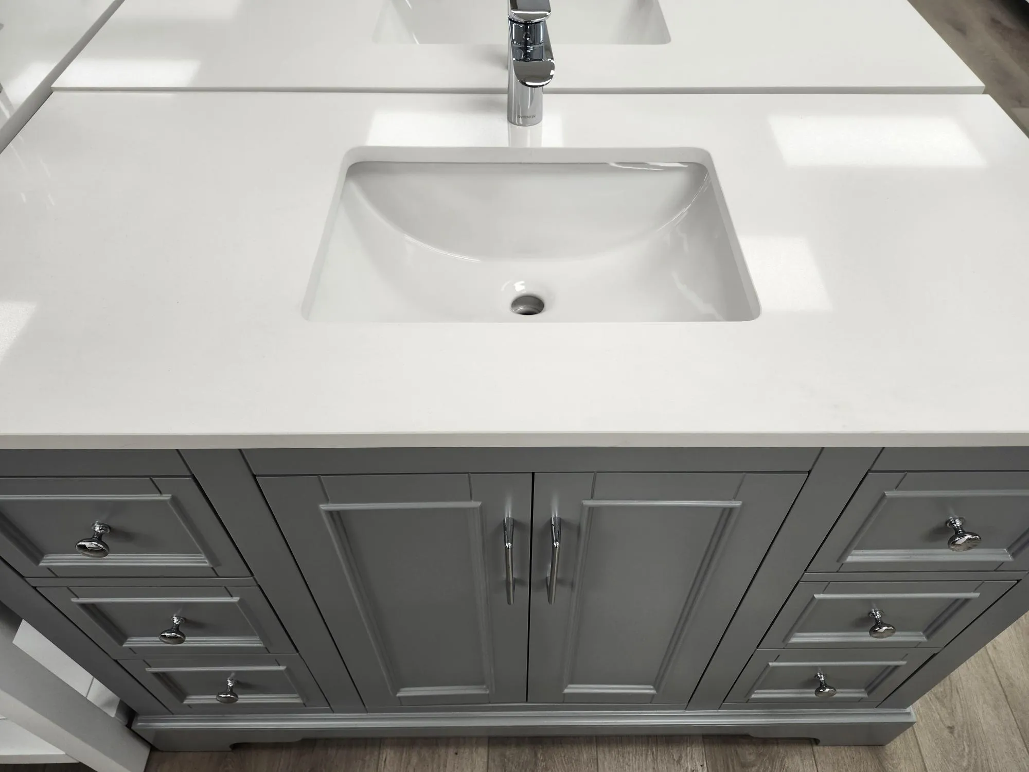 CCS701 - 48" Grey, Floor Standing Modern Bathroom Vanity, White Quartz Countertop, Chrome Hardware** FLOOR MODEL **