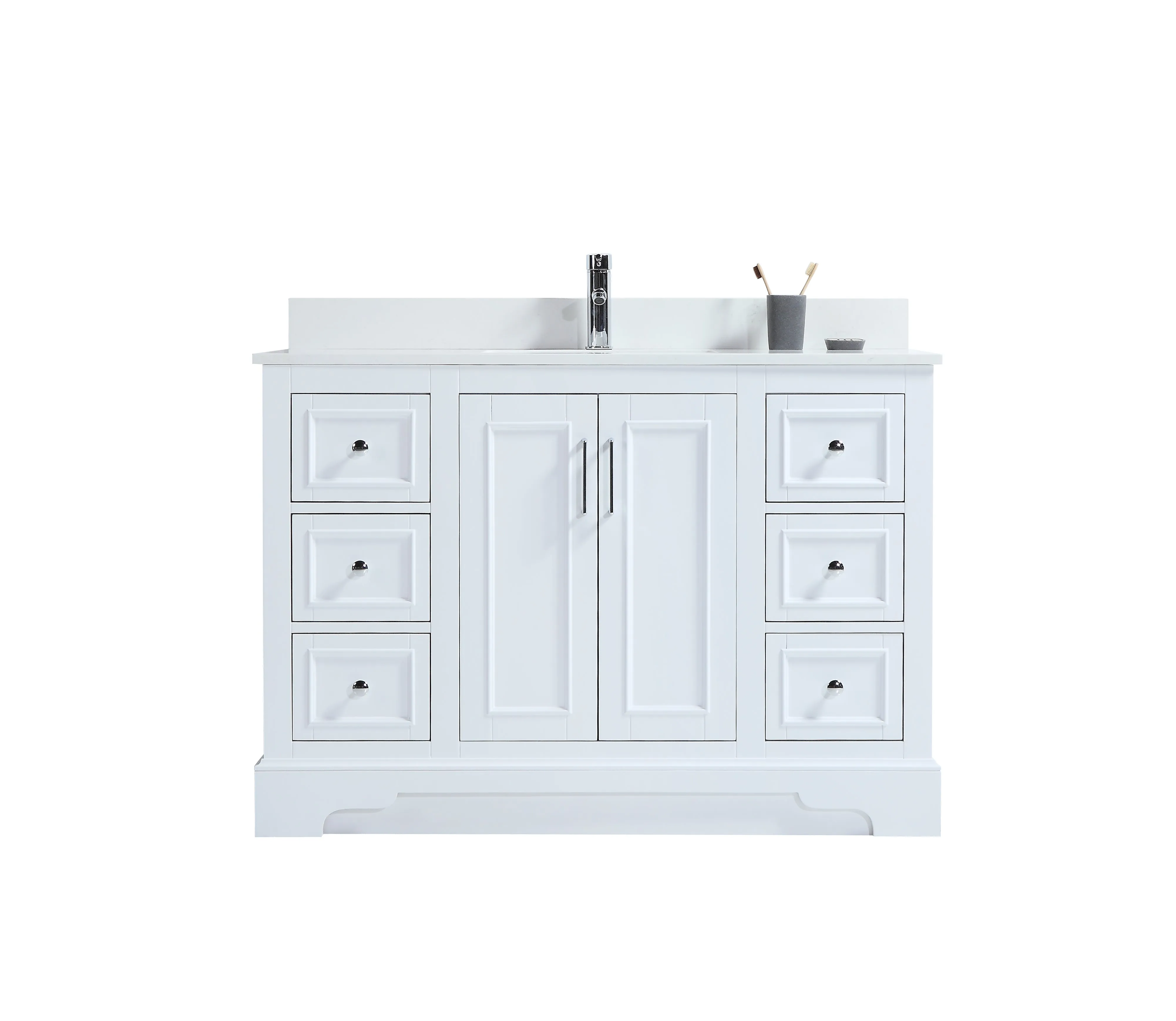 CCS701 - 48" White, Floor Standing Modern Bathroom Vanity, CARRARA Quartz Countertop, Chrome Hardware