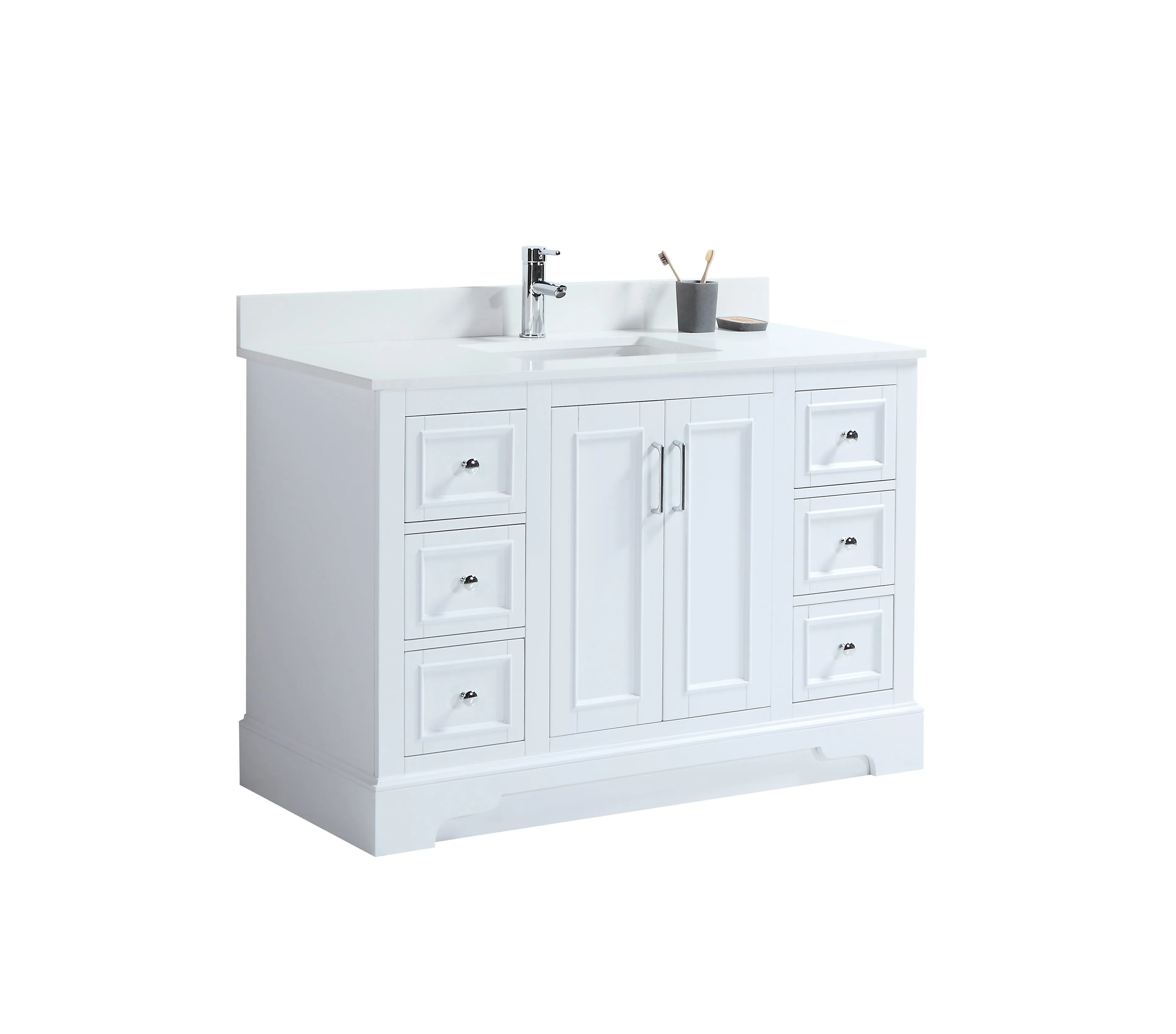 CCS701 - 48" White, Floor Standing Modern Bathroom Vanity, CARRARA Quartz Countertop, Chrome Hardware