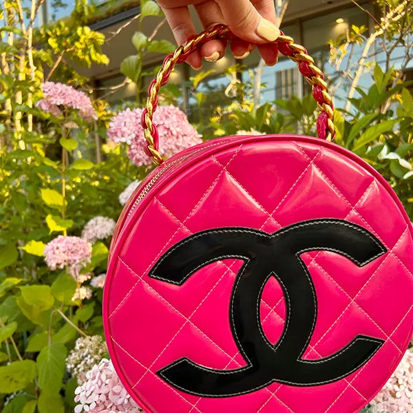 Chanel Around 1995 Made Patent Round Design Cc Mark Vanity Fuchsia Pink