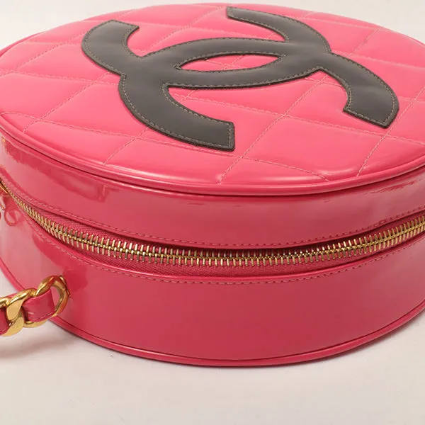 Chanel Around 1995 Made Patent Round Design Cc Mark Vanity Fuchsia Pink