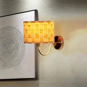 Chinese Style Wood Drum Wall Lighting: Beige Sconce Light Fixture with Metal Curved Arm