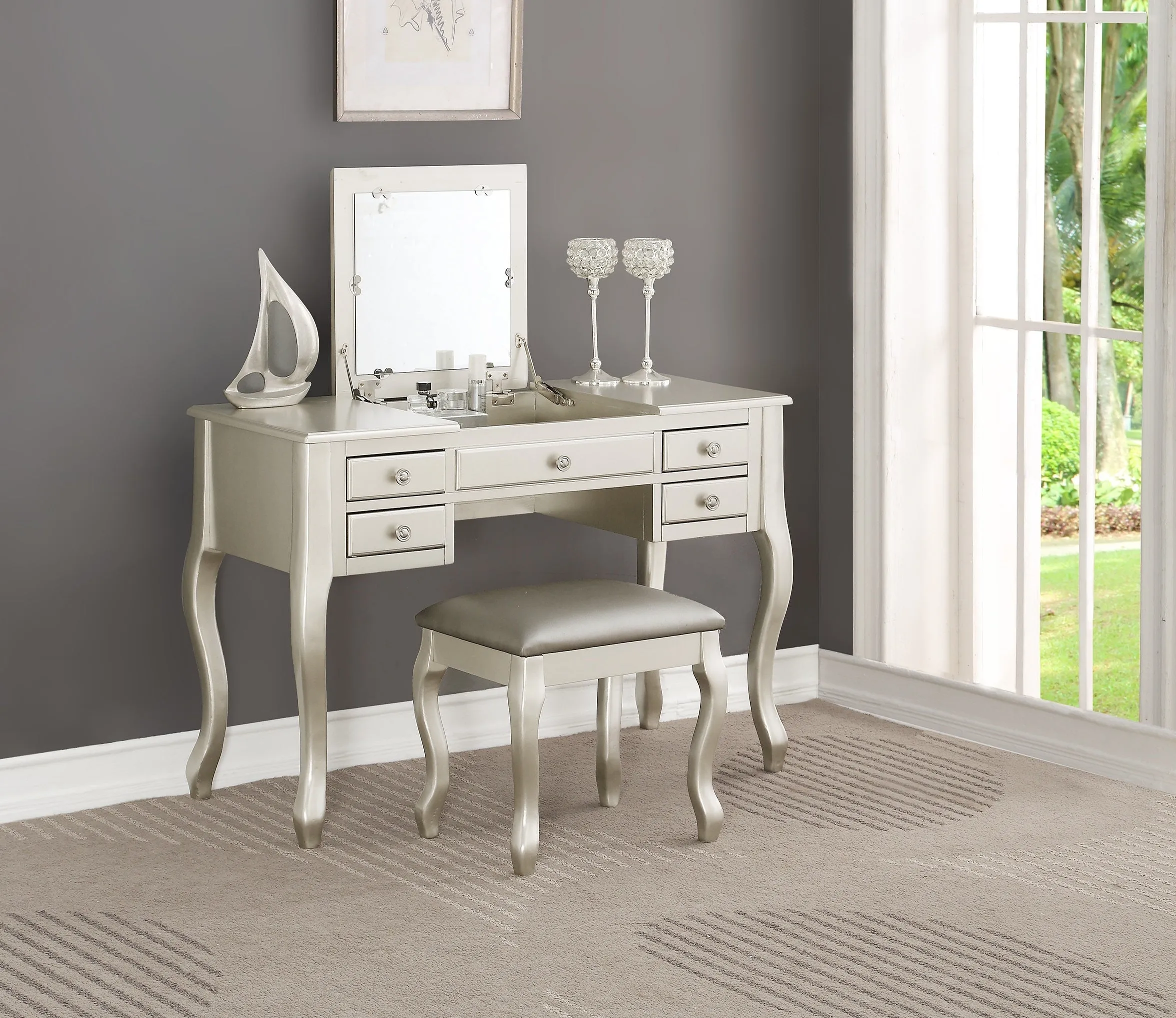 Classic Vanity Set w Stool Silver Color Drawers Open-up Mirror Bedroom Furniture Unique Legs Cushion Seat Stool Vanity