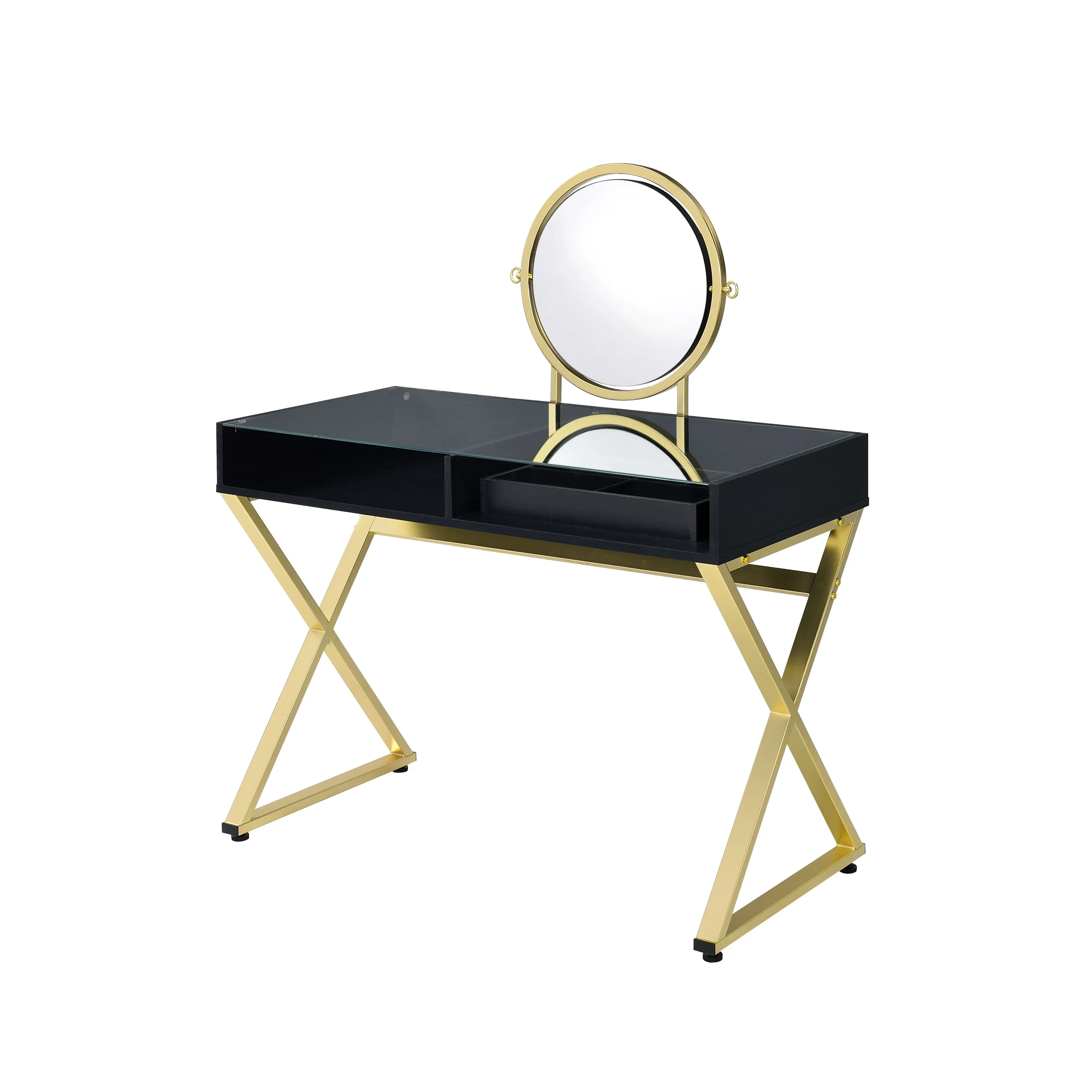 Coleen Vanity Desk w/Mirror & Jewelry Tray in Black & Gold Finish AC00669
