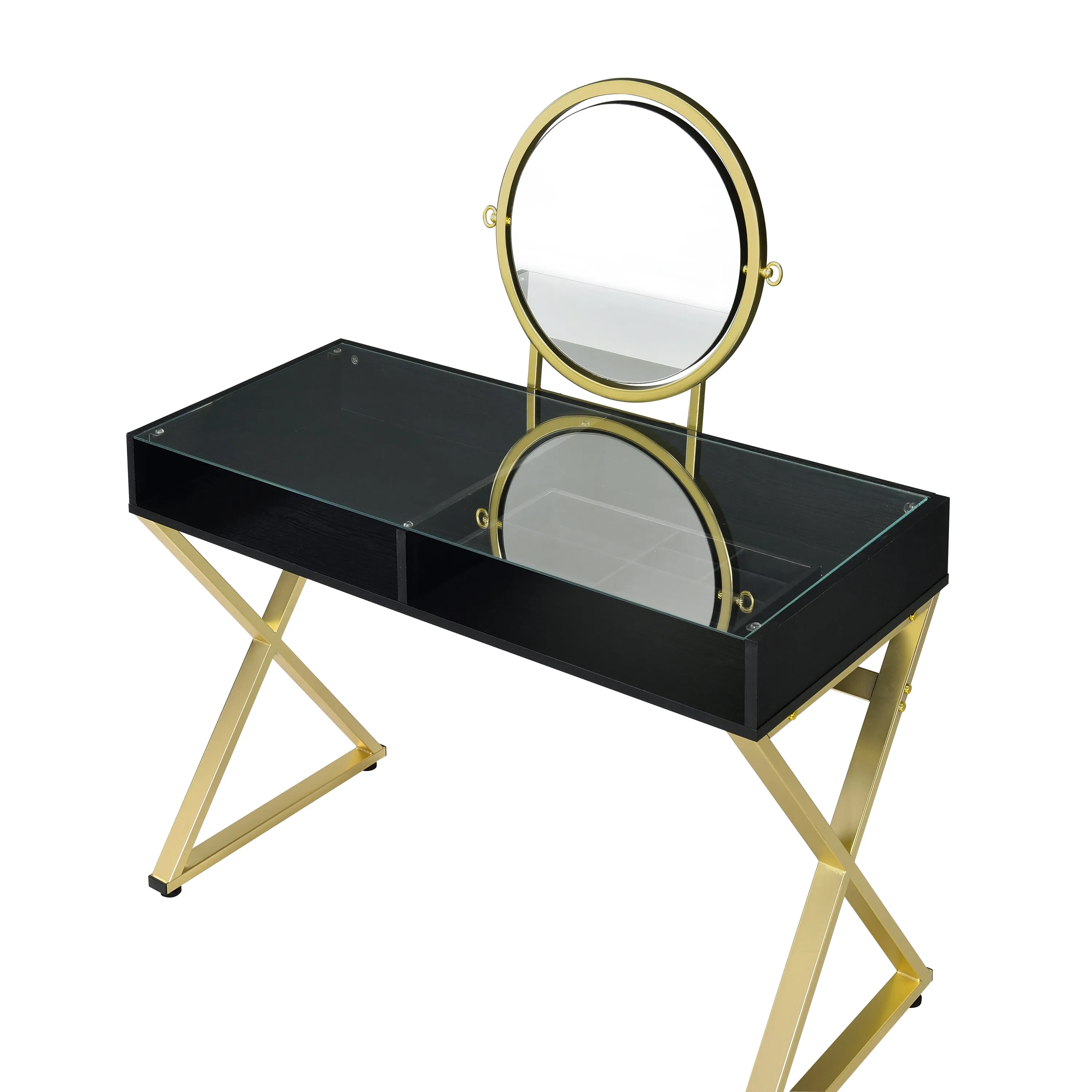 Coleen Vanity Desk w/Mirror & Jewelry Tray in Black & Gold Finish AC00669