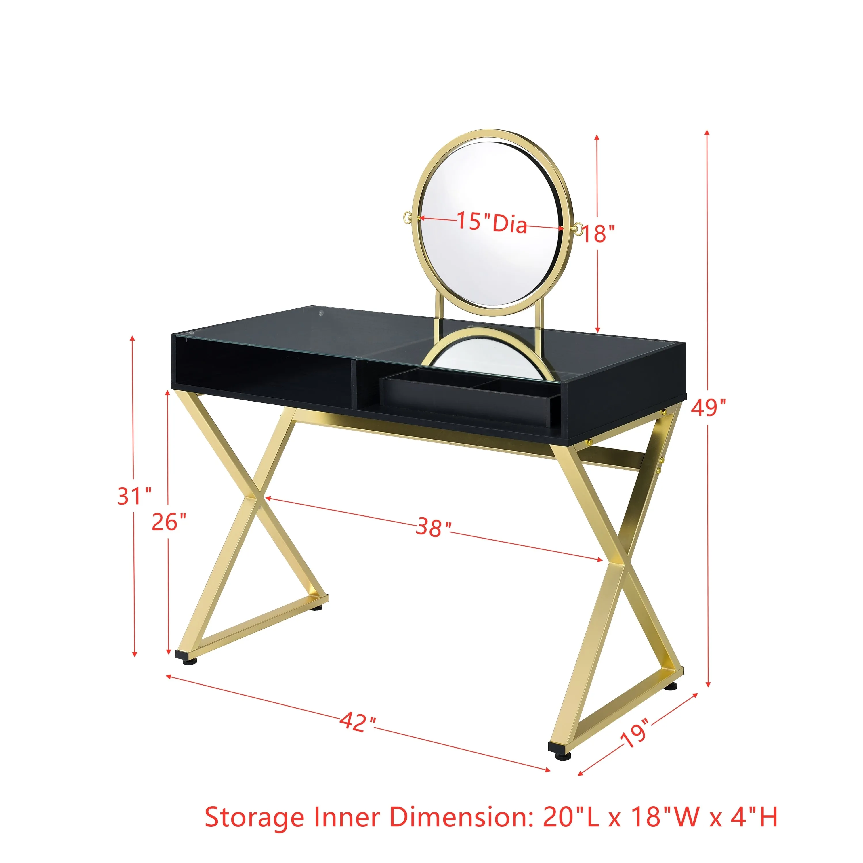 Coleen Vanity Desk w/Mirror & Jewelry Tray in Black & Gold Finish AC00669