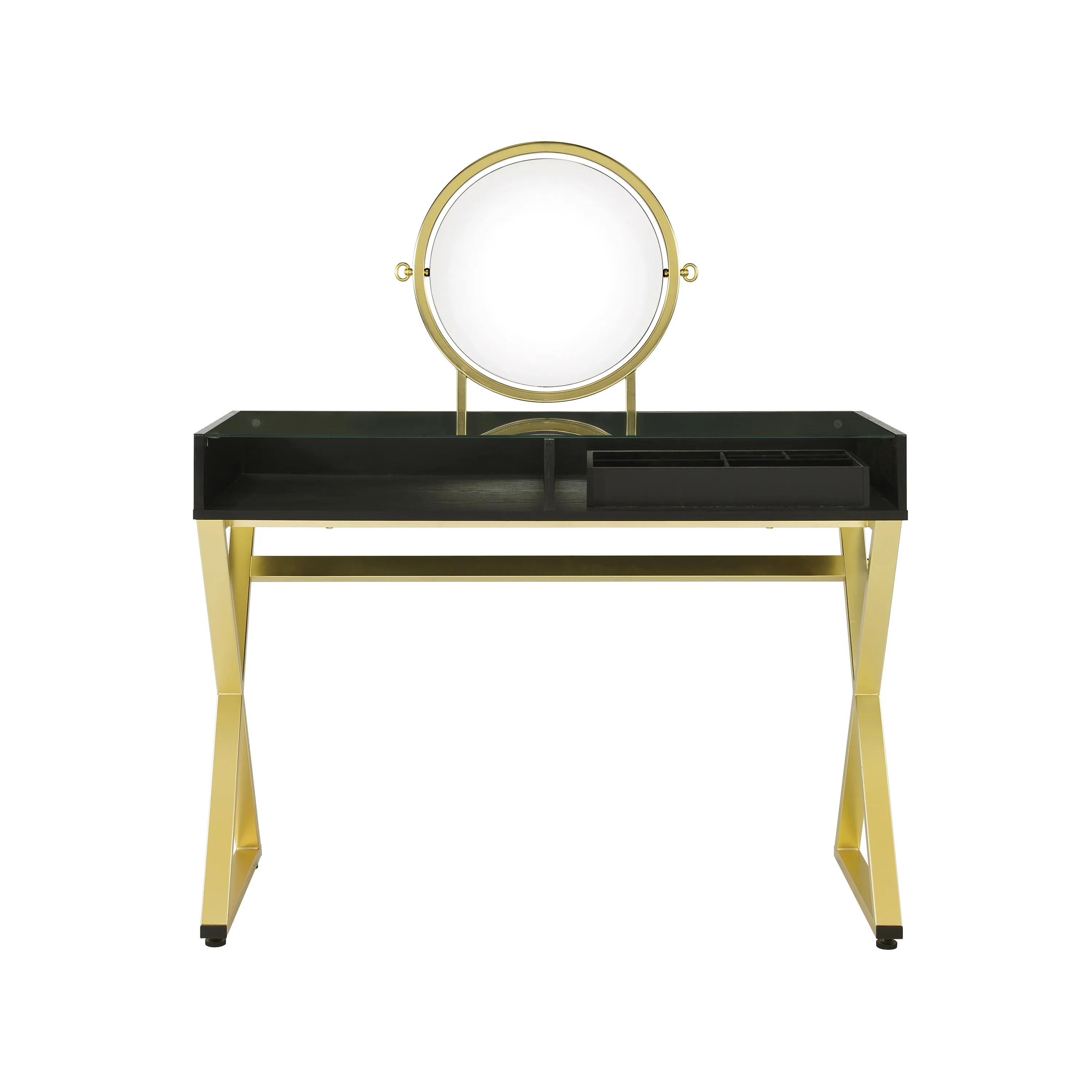 Coleen Vanity Desk w/Mirror & Jewelry Tray in Black & Gold Finish AC00669