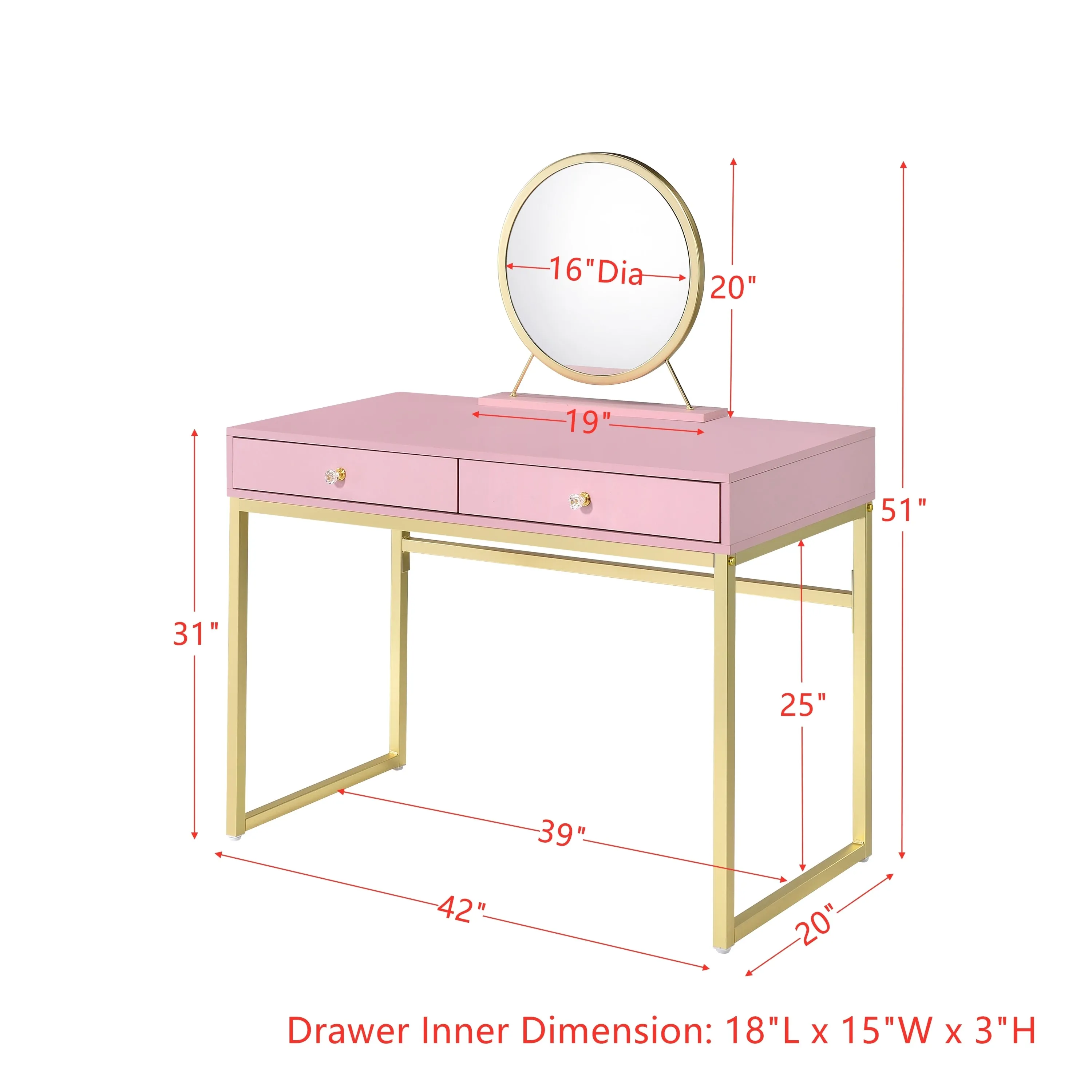 Coleen Vanity Desk w/Mirror & Jewelry Tray in Pink & Gold Finish AC00668
