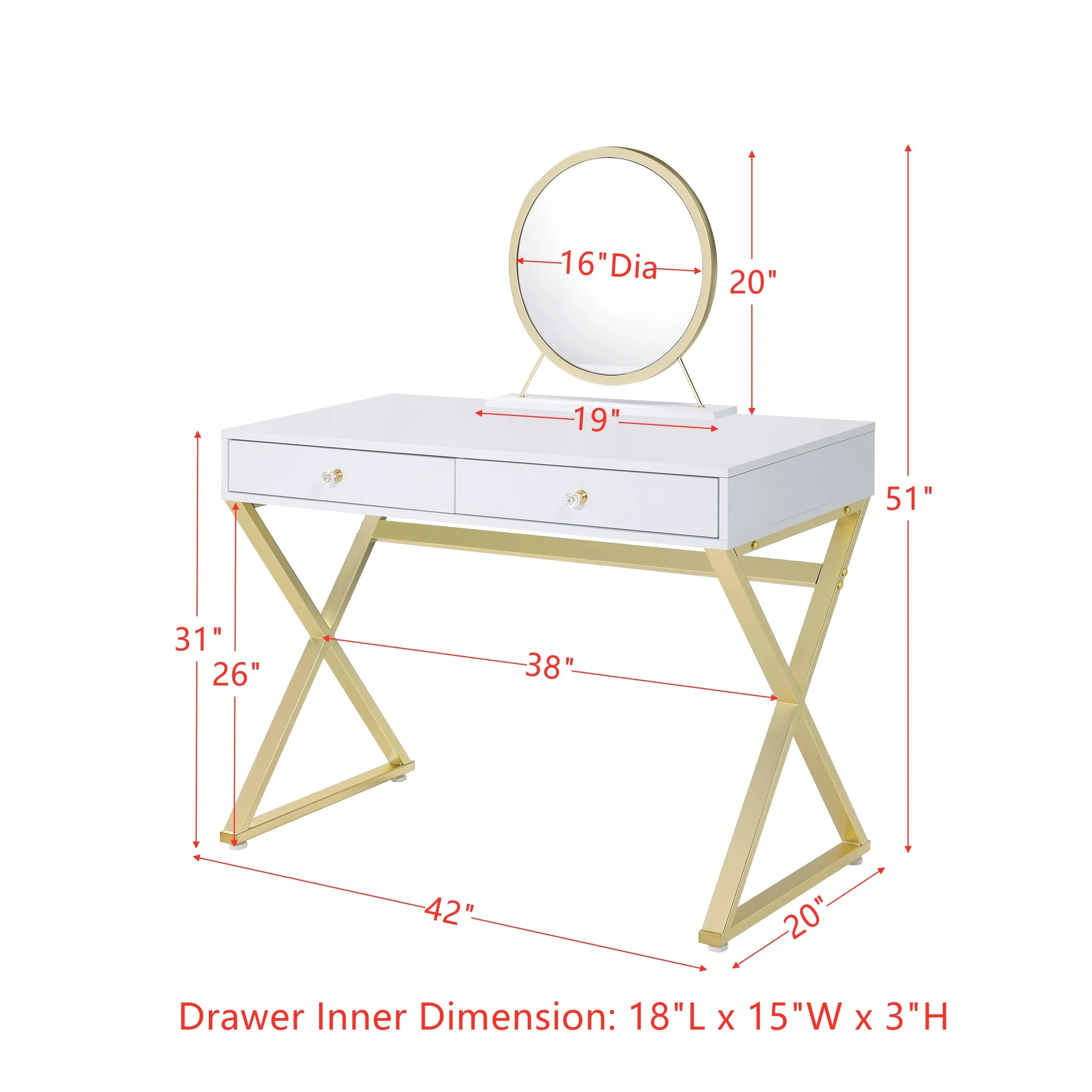 Coleen Vanity Desk w/Mirror & Jewelry Tray in White & Gold Finish AC00667