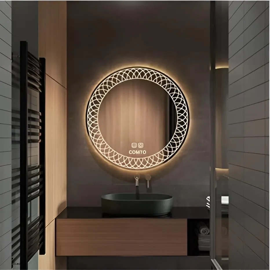 COMTO Round 32 Inch Bathroom Mirror, Wall Mounted, with Backlit LED Light, Dimmable, Anti-Fog, Led Lighted with 3 Color Makeup Mirror (81 cm)