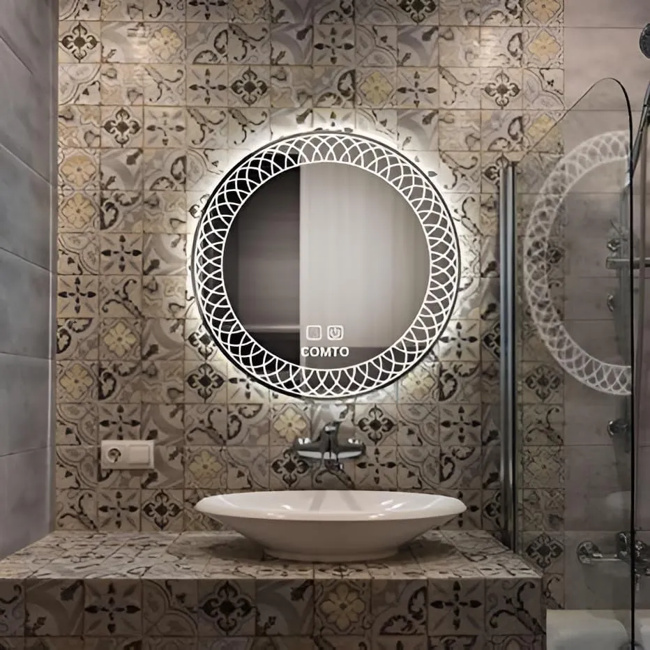 COMTO Round 32 Inch Bathroom Mirror, Wall Mounted, with Backlit LED Light, Dimmable, Anti-Fog, Led Lighted with 3 Color Makeup Mirror (81 cm)