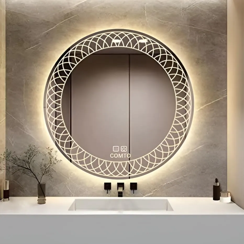 COMTO Round 32 Inch Bathroom Mirror, Wall Mounted, with Backlit LED Light, Dimmable, Anti-Fog, Led Lighted with 3 Color Makeup Mirror (81 cm)