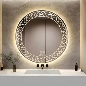 COMTO Round 32 Inch Bathroom Mirror, Wall Mounted, with Backlit LED Light, Dimmable, Anti-Fog, Led Lighted with 3 Color Makeup Mirror (81 cm)