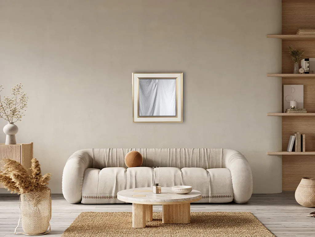 Contemporary 32" square mirror - white leatherette & brushed brass
