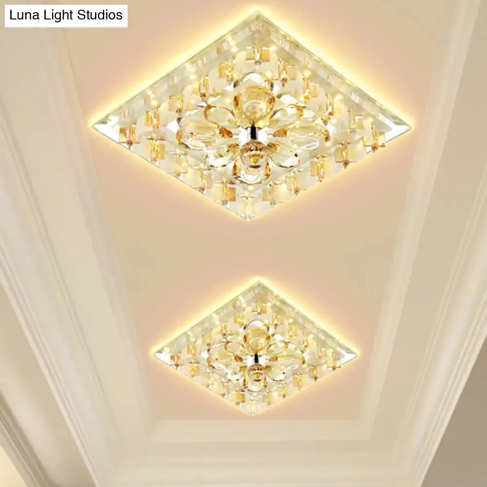 Contemporary Amber Crystal LED Flush Light for Hallway with Warm/White Light