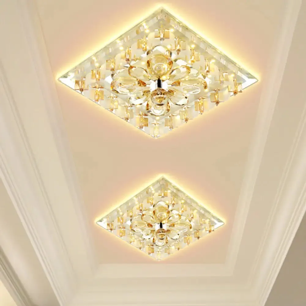 Contemporary Amber Crystal LED Flush Light for Hallway with Warm/White Light
