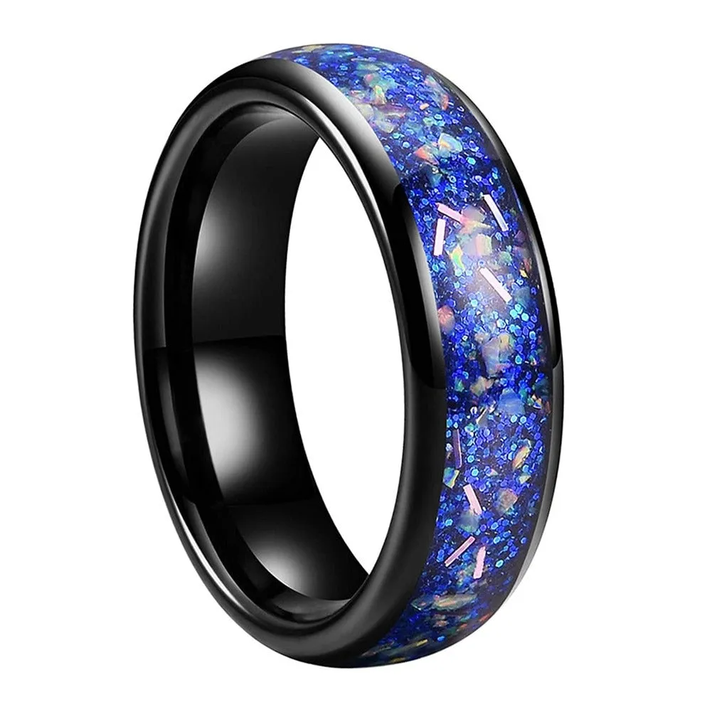 Crushed Blue Opal & Black Tungsten Dome Ring (4/6mm)
