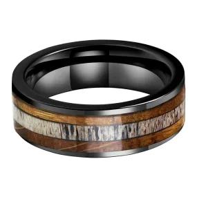 Deer Antler & Whiskey Barrel Oak Black Tungsten Ring (8mm)