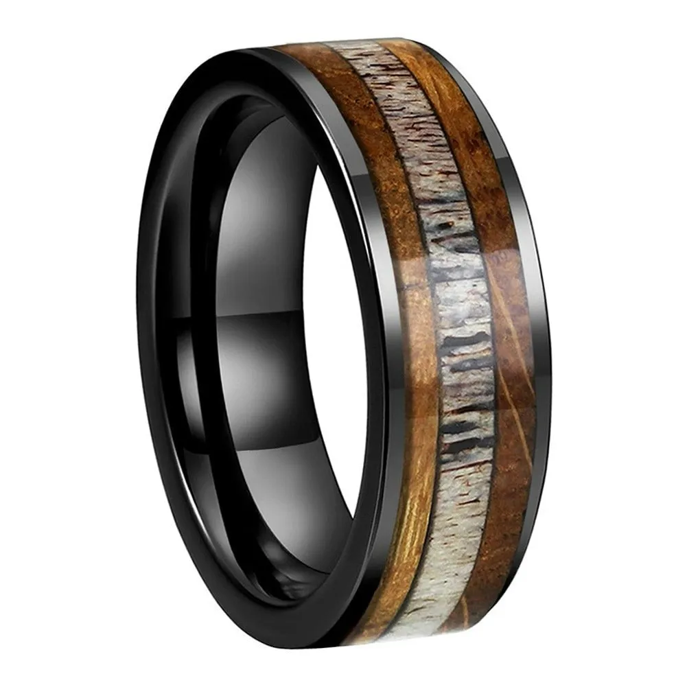 Deer Antler & Whiskey Barrel Oak Black Tungsten Ring (8mm)