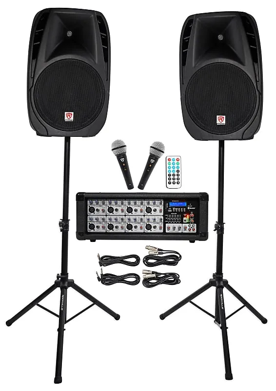 DJ package with 15" speakers   Bluetooth mixer   microphones   totem stands   façade   lighting Rockville RPG2X15 (2) RTP32B RFAAW PACK