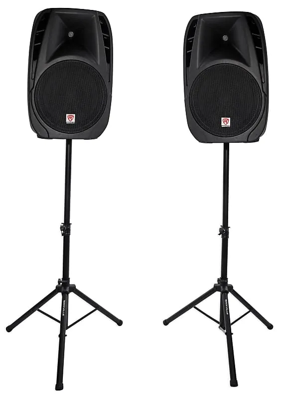 DJ package with 15" speakers   Bluetooth mixer   microphones   totem stands   façade   lighting Rockville RPG2X15 (2) RTP32B RFAAW PACK