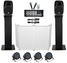DJ package with 15" speakers   Bluetooth mixer   microphones   totem stands   façade   lighting Rockville RPG2X15 (2) RTP32B RFAAW PACK