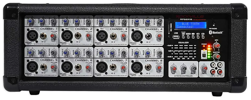 DJ package with 15" speakers   Bluetooth mixer   microphones   totem stands   façade   lighting Rockville RPG2X15 (2) RTP32B RFAAW PACK