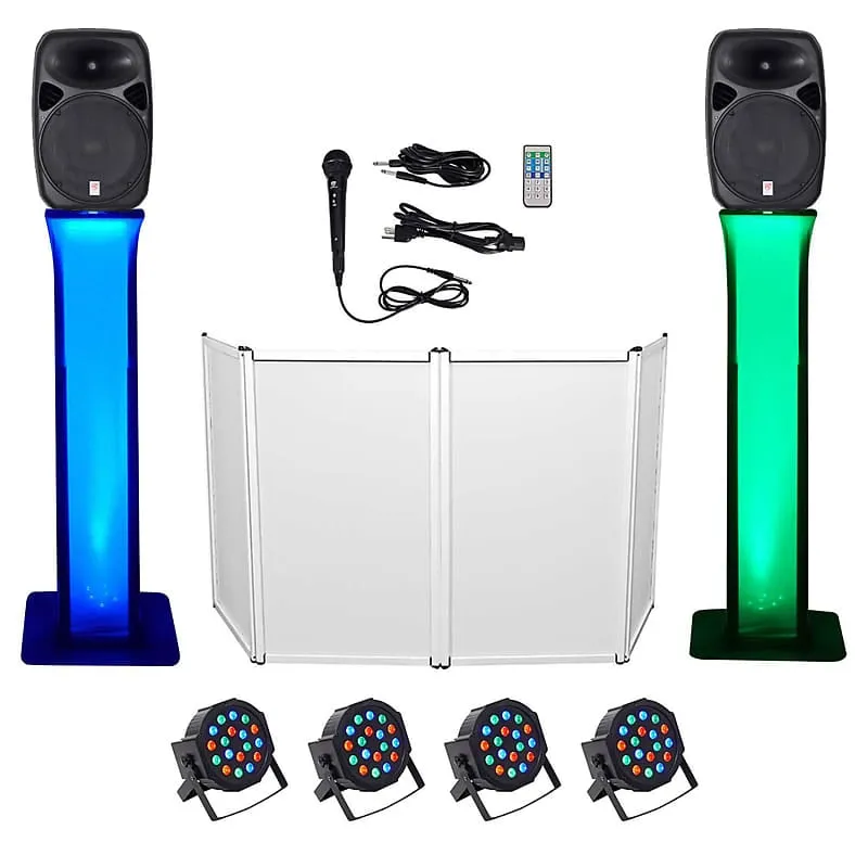 DJ package with two 15" Bluetooth speakers   microphone   tripod   totem stands   façade   lighting Rockville RPG152K (2) RTP32W RFAAW PACK