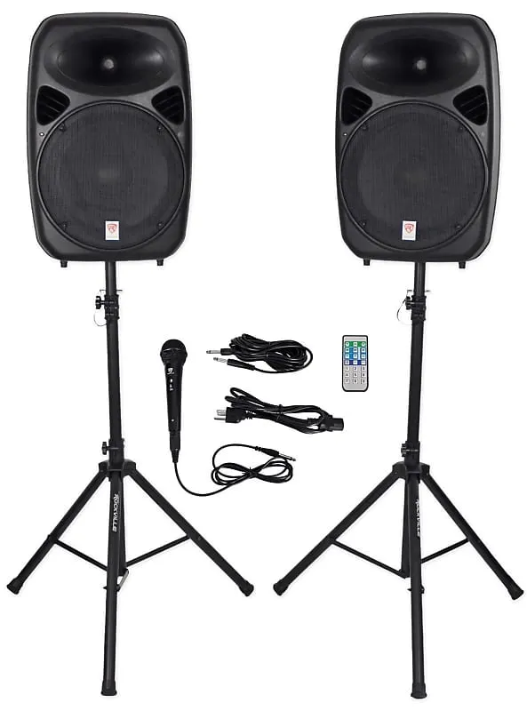 DJ package with two 15" Bluetooth speakers   microphone   tripod   totem stands   façade   lighting Rockville RPG152K (2) RTP32W RFAAW PACK