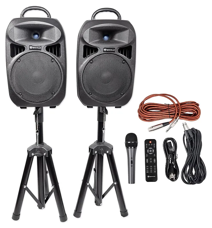 DJ package with two 8" Bluetooth speakers   microphone   tripod   totem stands   façade   lighting Rockville RPG082K (2) RTP32B RFAAW PACK