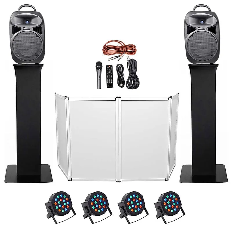 DJ package with two 8" Bluetooth speakers   microphone   tripod   totem stands   façade   lighting Rockville RPG082K (2) RTP32B RFAAW PACK