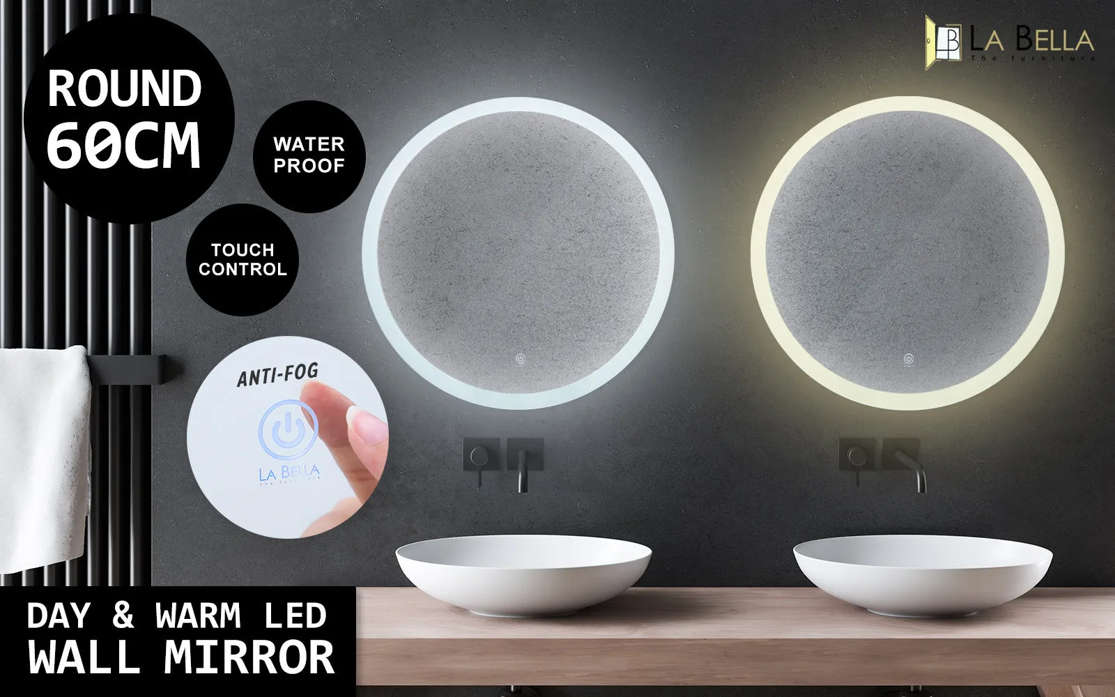 Dual LED Anti-Fog Round Wall Mirrors, Touch Switch - La Bella