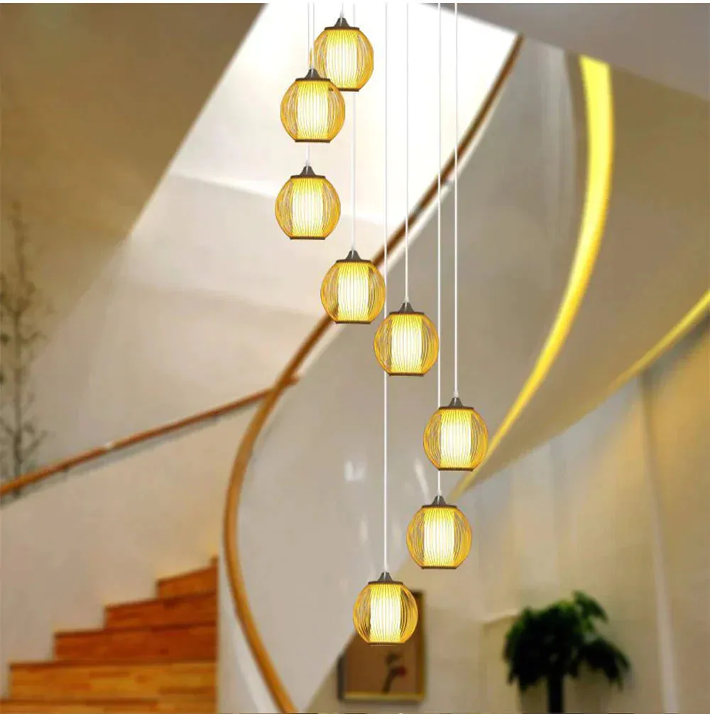 E27 Chandelier Staircase Loft Villa Creative American Bamboo Cage Attic Pick High Living Room Decoration Lamps