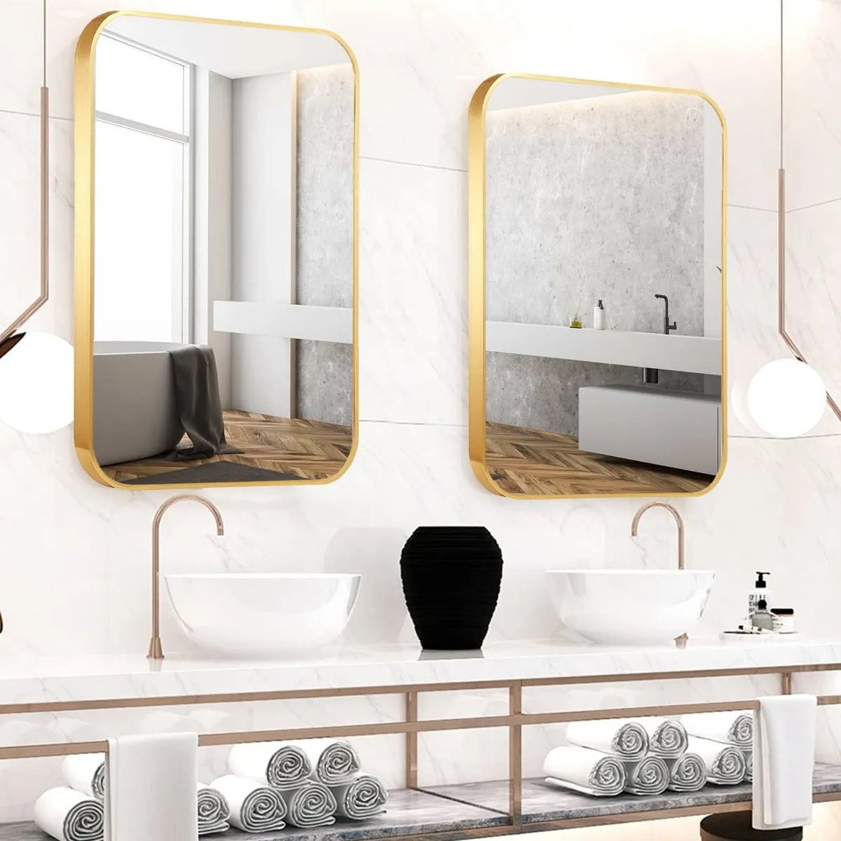 ExBrite 32 " W x 24 " H Gold Bathroom Mirror for Wall Vanity Mirror