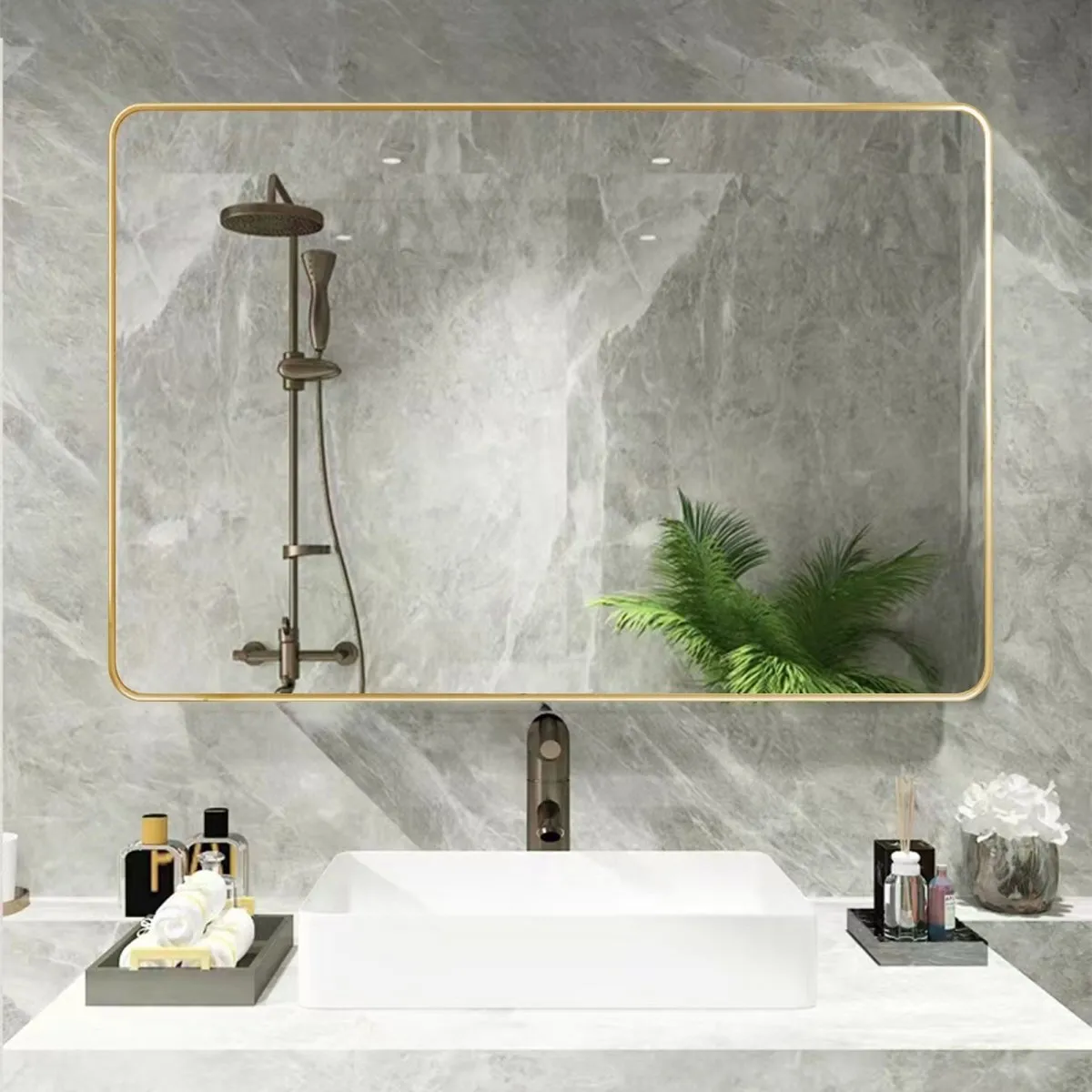 ExBrite 32 " W x 24 " H Gold Bathroom Mirror for Wall Vanity Mirror