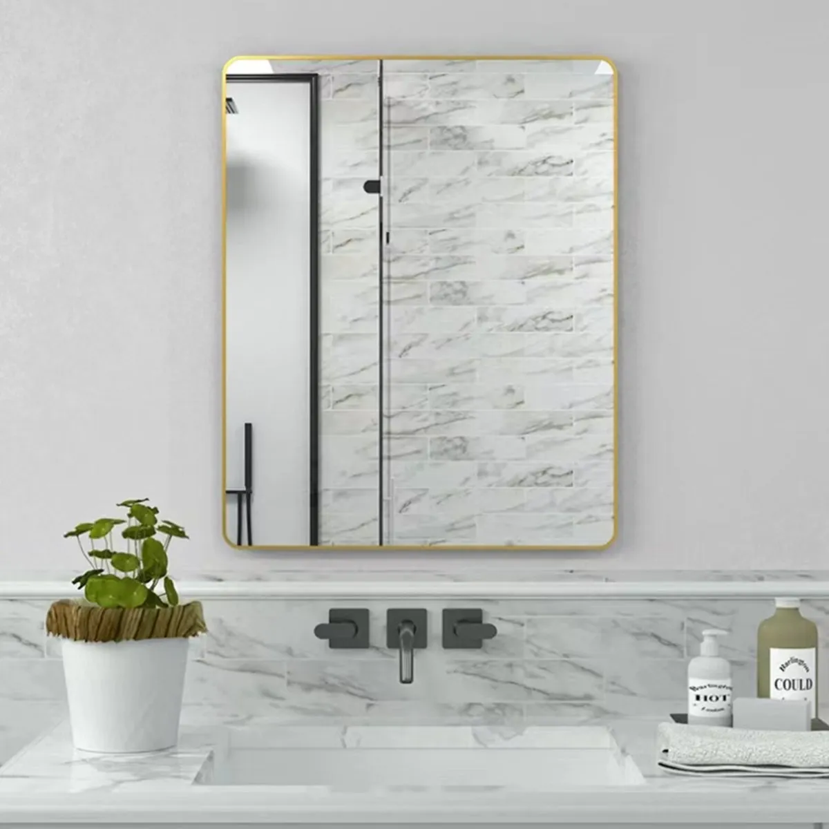 ExBrite 32 " W x 24 " H Gold Bathroom Mirror for Wall Vanity Mirror