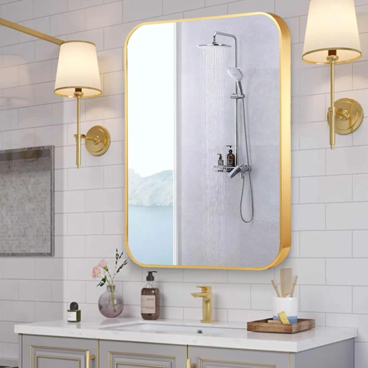 ExBrite 32 " W x 24 " H Gold Bathroom Mirror for Wall Vanity Mirror