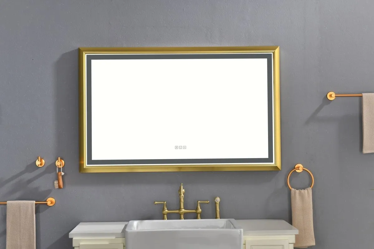 ExBrite 48 in. W x 30 in. H Oversized Rectangular Gold Framed LED Mirror Anti-Fog Dimmable Wall Mount Bathroom Vanity Mirror